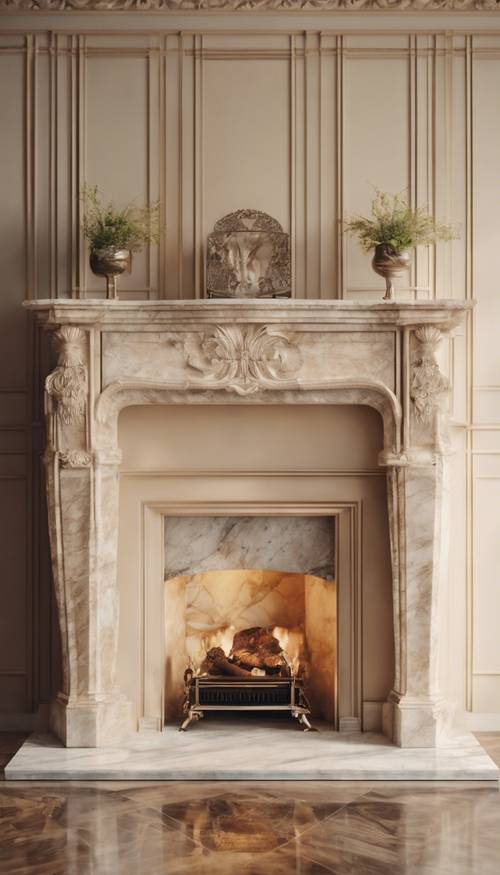 A vintage cream marble fireplace mantel in a luxury living room with well-arranged vintage furniture.