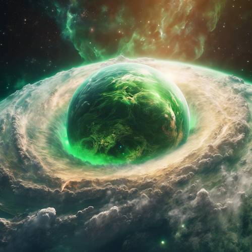 From space, a majestic green planet inside a swirling nebula. Wallpaper [15f5b966067c4e0e929e]