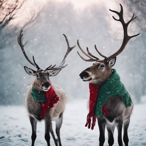 Couple of reindeer with red and green scarfs playing in the snow under the moonlight.
