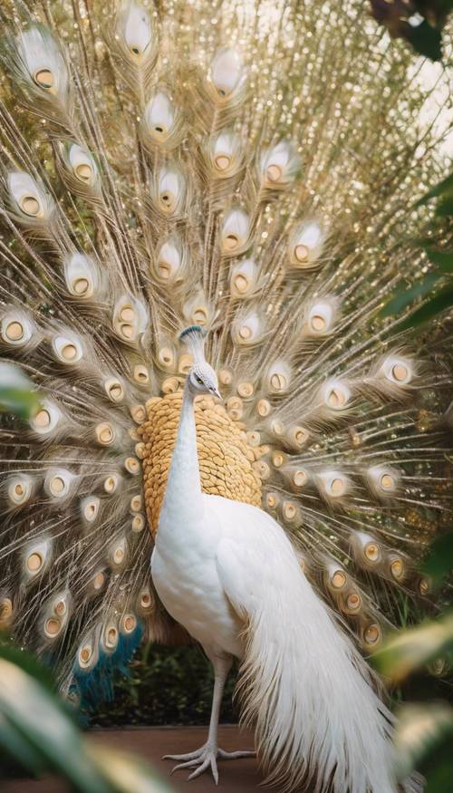 An elegant white peacock with shiny golden feathers in a lush garden