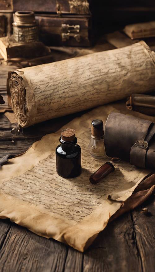 Several sheets of old, weathered parchment spread out over a wooden desk, a quill and ink bottle nearby