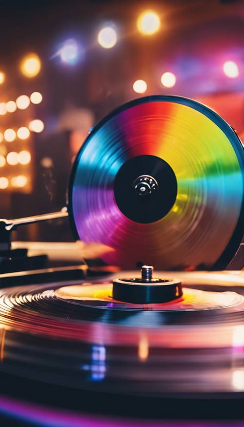 A vinyl record spinning with a rainbow aura radiating from it
