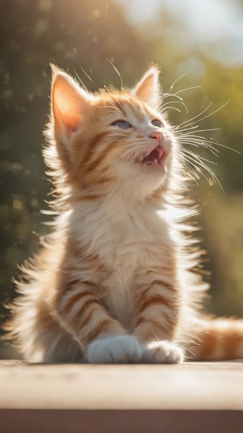화창한 오후에 주황색과 흰색 얼룩무늬 고양이가 펄럭이는 깃털을 장난스럽게 휘두르고 있습니다.