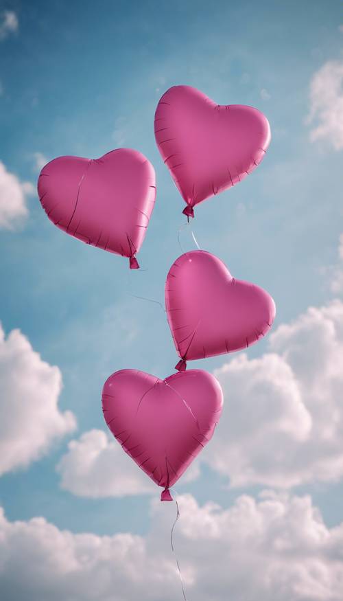 Dos globos en forma de corazón de color rosa oscuro flotando en el cielo azul.