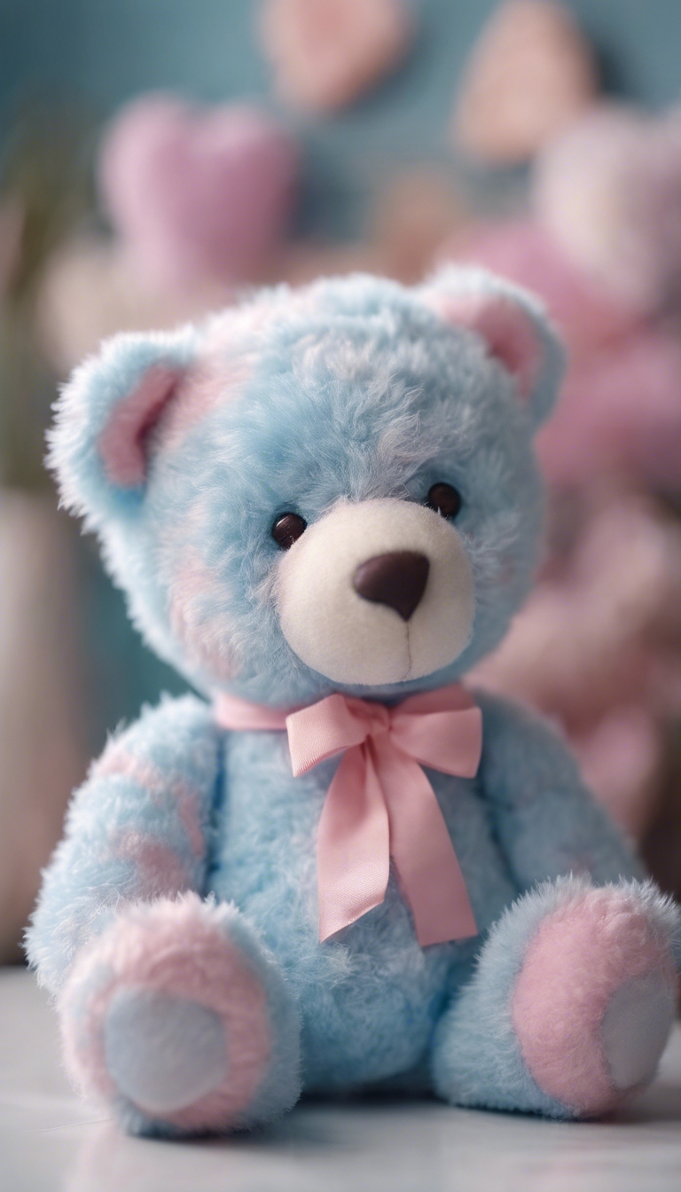 A cute teddy bear made of soft pastel blue and pink plush. Tapet[d247850a2e344d94af15]