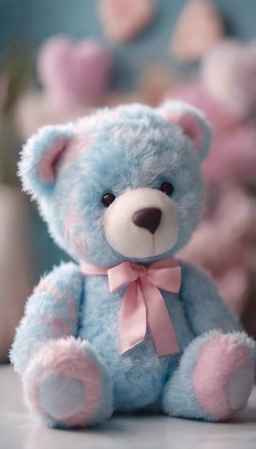 Boneka beruang lucu yang terbuat dari bahan mewah berwarna biru pastel dan merah muda yang lembut.
