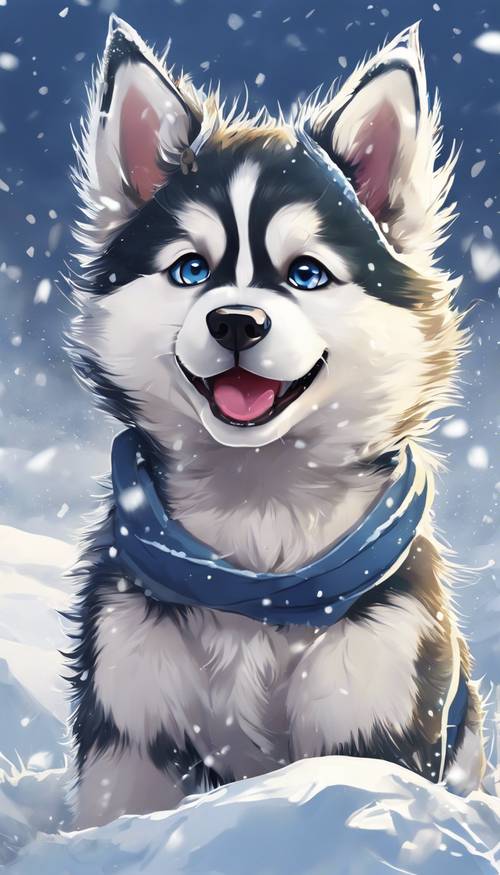 Karda oynayan anime tarzı Sibirya Husky köpek yavrusunun canlı bir illüstrasyonu.