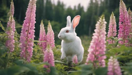 호기심 많은 흰 토끼가 활기 넘치는 숲 속 공터 위에 우뚝 솟은 연분홍빛 야생 디기탈리스의 냄새를 맡고 있습니다.