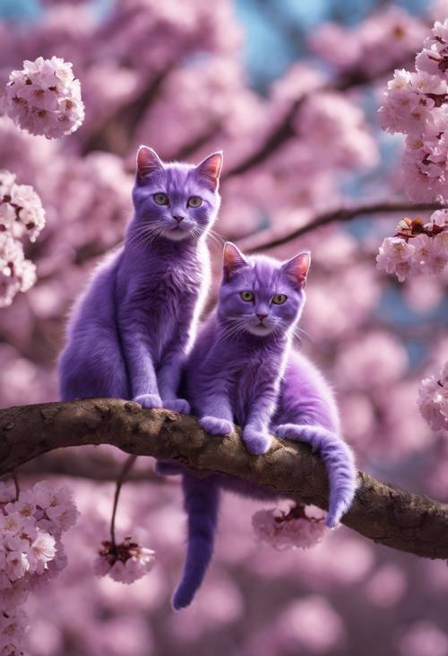 Un groupe de chats violets se prélassant de manière ludique sur la branche d&#39;un cerisier en fleurs.