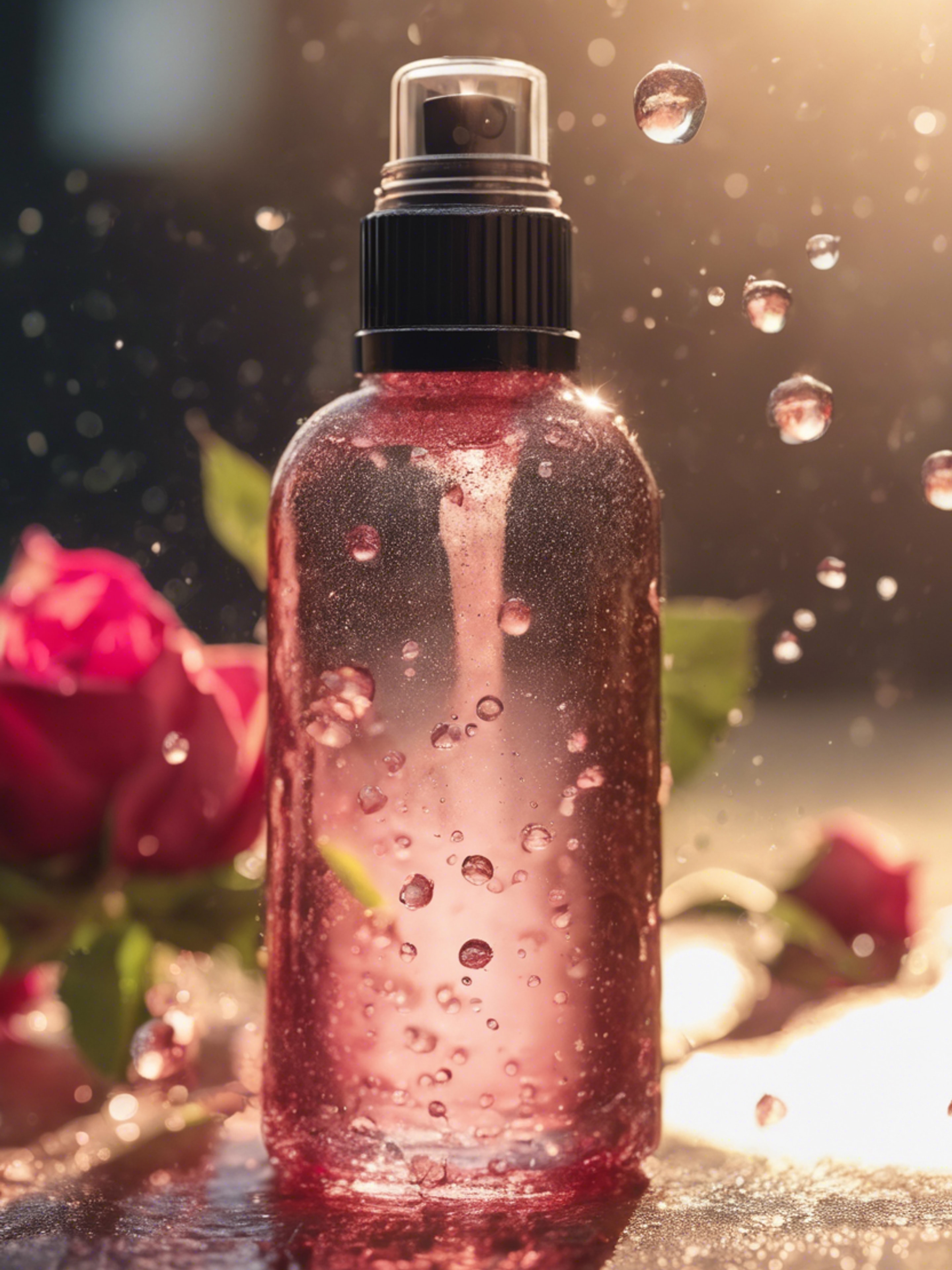 A refreshing spray bottle of rose water toner sprinkling droplets in the sunlight.壁紙[f1b2cb92d7c7439692a8]