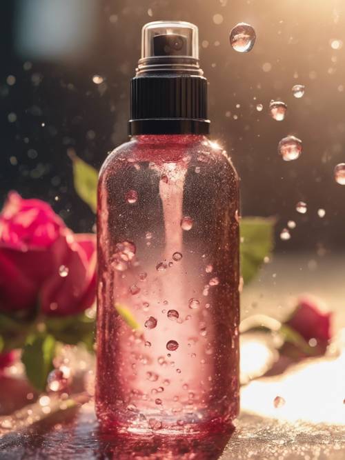 A refreshing spray bottle of rose water toner sprinkling droplets in the sunlight.