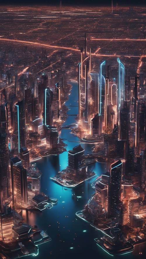 An image of a futuristic cityscape with luminescent neon light reflecting in night sky waterways, like a scene from a sci-fi dream.