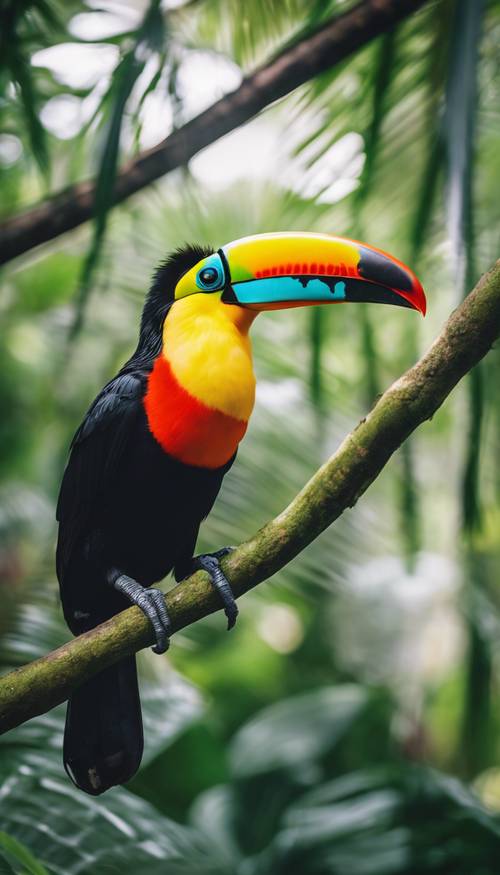 Seekor burung toucan tropis eksotis duduk sendirian di hutan hujan, paruhnya yang berwarna jingga cerah kontras dengan dedaunan hijau subur di sekitarnya.
