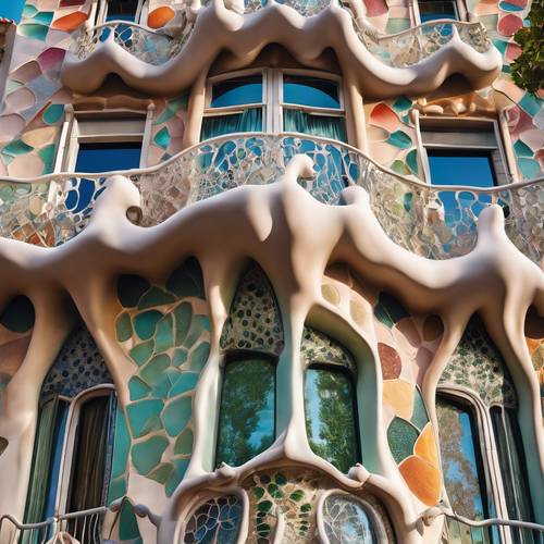 الواجهة النابضة بالحياة والمفصلة لـCasa Batlló، وهي تحفة فنية لغاودي في برشلونة خلال منتصف النهار.