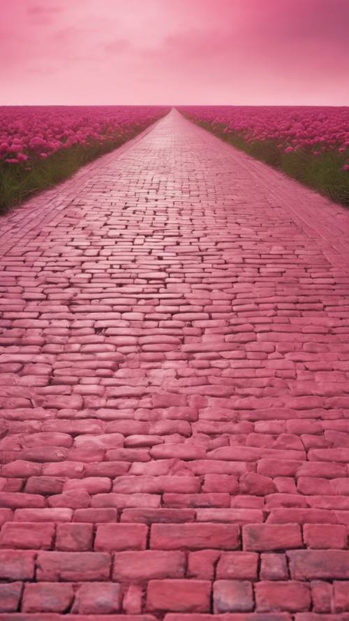 A wide pink-brick road stretching into the horizon. Tapet [42526c7cc9264562b7cf]