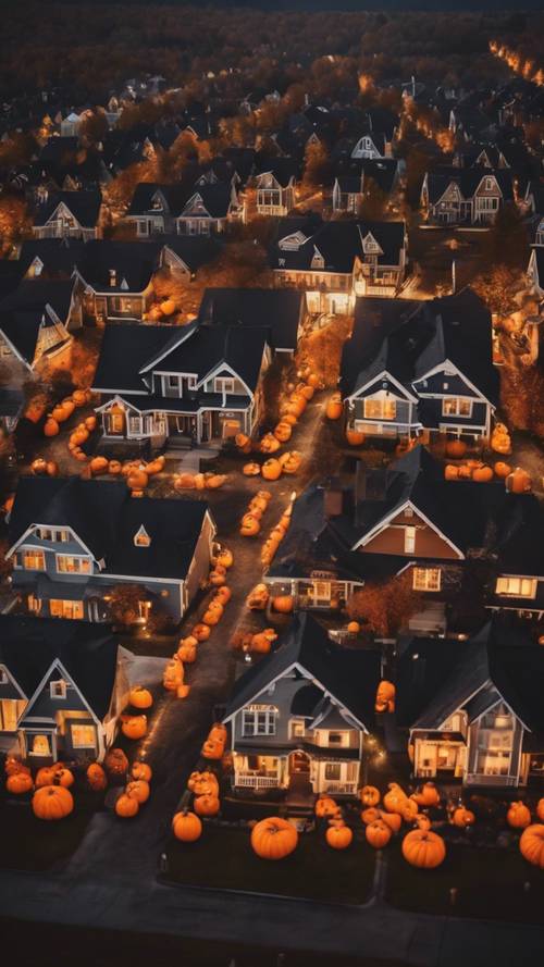 Una mappa del quartiere nella notte di Halloween con case decorate e campi di zucche.