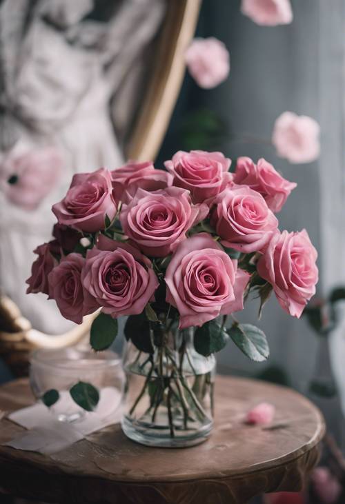 Seikat bunga mawar merah muda tua dalam vas kaca bening, dipegang oleh seorang wanita berpakaian elegan.
