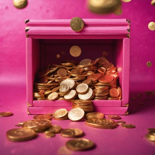 Monedas rosas y doradas lloviendo sobre una colorida caja del tesoro.