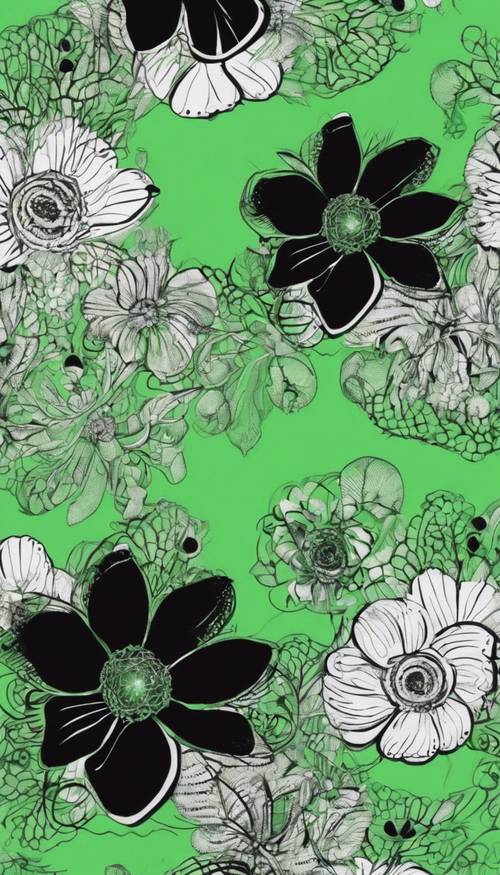 一种抽象图案，描绘了在亮绿色背景上以纹身风格设计的黑色花朵。
