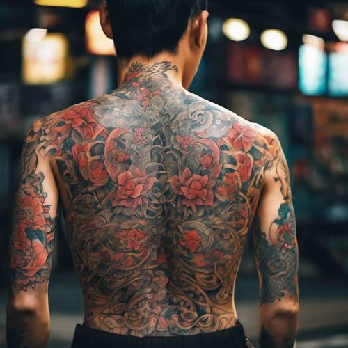 Hand-drawn intricate Japanese Yakuza tattoos covering a person’s back, showcasing the vibrant culture of Japanese artistry.