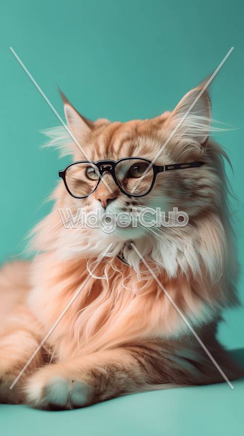 Süße flauschige Katze mit Brille auf türkisfarbenem Hintergrund