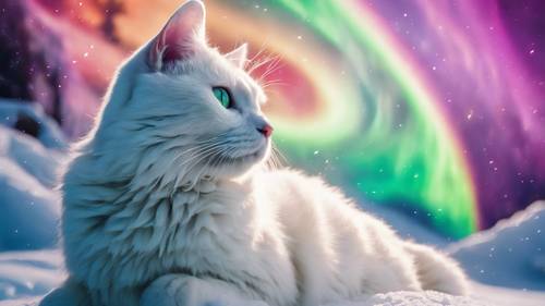 Eine psychedelische Darstellung einer weißen Katze, die sich in einer eisigen Wildnis im bunten Nordlicht sonnt, eingefrorene Zeit dargestellt in einem Wirbel aus Farben.