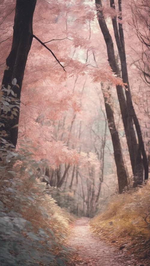 Soğuk pastel renkli yapraklarla rüya gibi bir orman yolunun yer aldığı bir manzara.