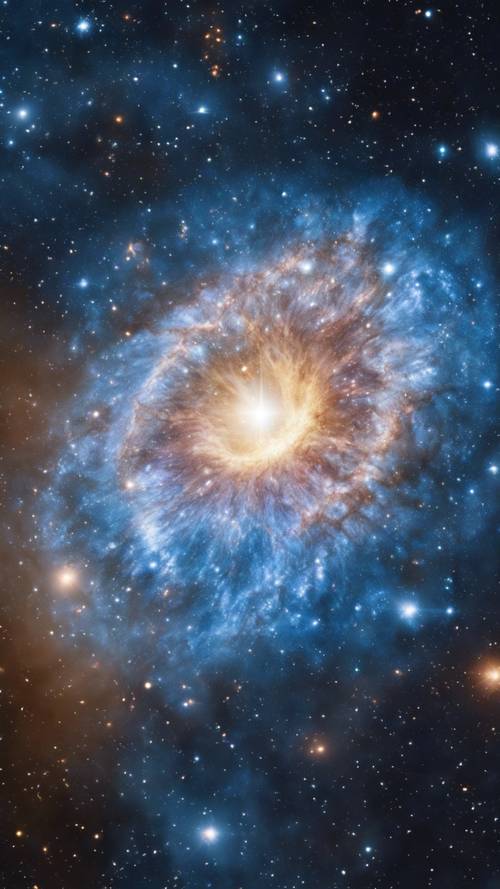 遠い銀河の中心に脈動する青色クエーサー、宇宙へ星の光線を放つ壁紙