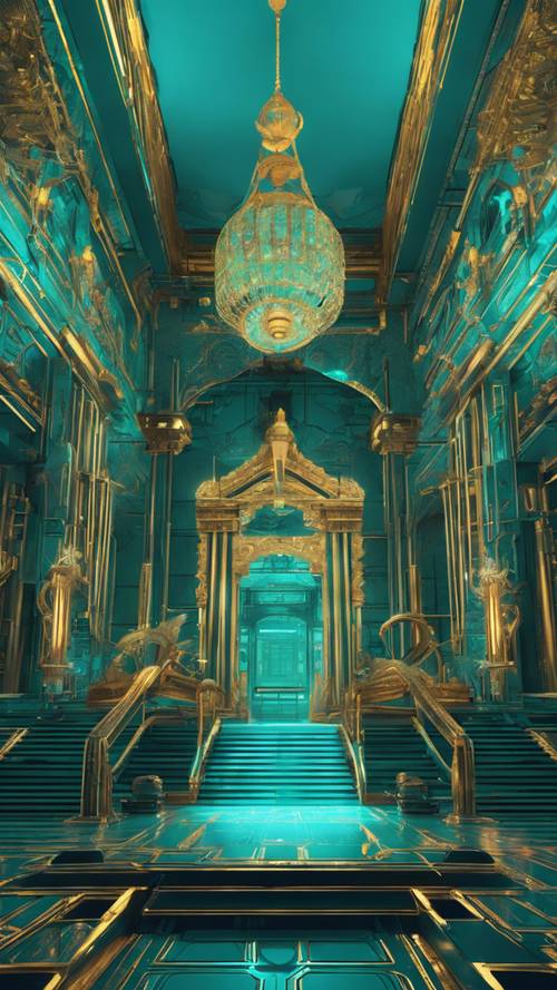 قصر ملكي كبير في لعبة خيالية يتلألأ باللون الأزرق المخضر المهيب والذهبي.