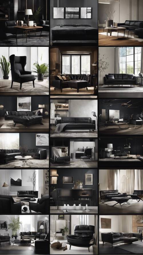 Siyah mobilyaların çeşitli tonlarını içeren şık ve modern tasarım kolajı.