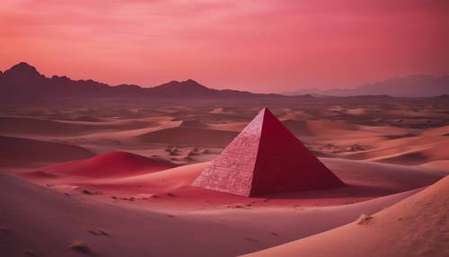 Une solide pyramide cramoisie située dans un paysage désertique surréaliste au crépuscule.