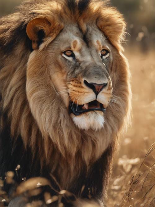 Lukisan cat minyak ultra-realistis tentang seekor singa yang mengaum di Sabana Afrika.