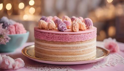 Une scène vibrante d&#39;une pâtisserie française chic, présentant un gâteau à étages décadent avec un glaçage pastel ombré preppy, placé sur une délicate nappe en dentelle.