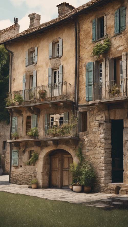 有名なフランスの田舎の建築の詳細な壁紙石壁、木の梁、セラミックの屋根