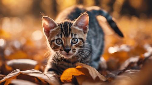 An adventurous Bengal kitten prowling around fall leaves in a forest, its golden eyes reflecting the evening sunset.