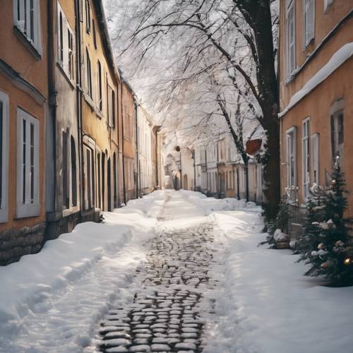 Una tranquila calle adoquinada en una ciudad europea, ligeramente cubierta de nieve.