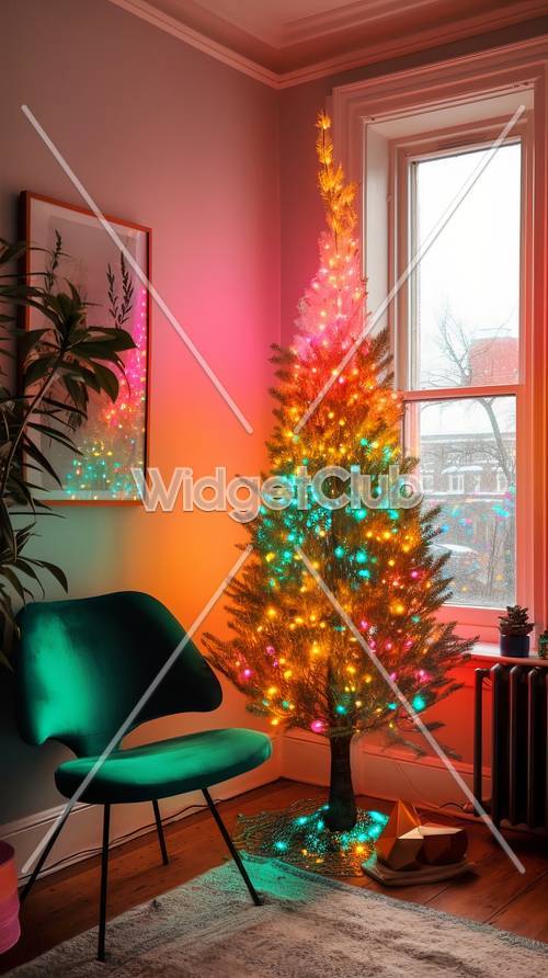 温馨房间内五彩缤纷的圣诞树灯