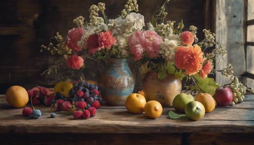 An antique still life painting featuring flowers and fruits on a worn-out wooden table. Tapéta [95c00dbbf8d3465a8f8e]