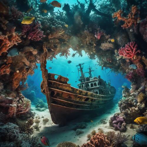 Một con tàu đắm cô đơn chứa đầy sinh vật biển và được trang trí bằng san hô đầy màu sắc.