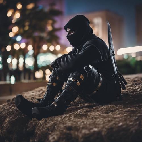 A weary ninja resting under the stars after a long day of training.