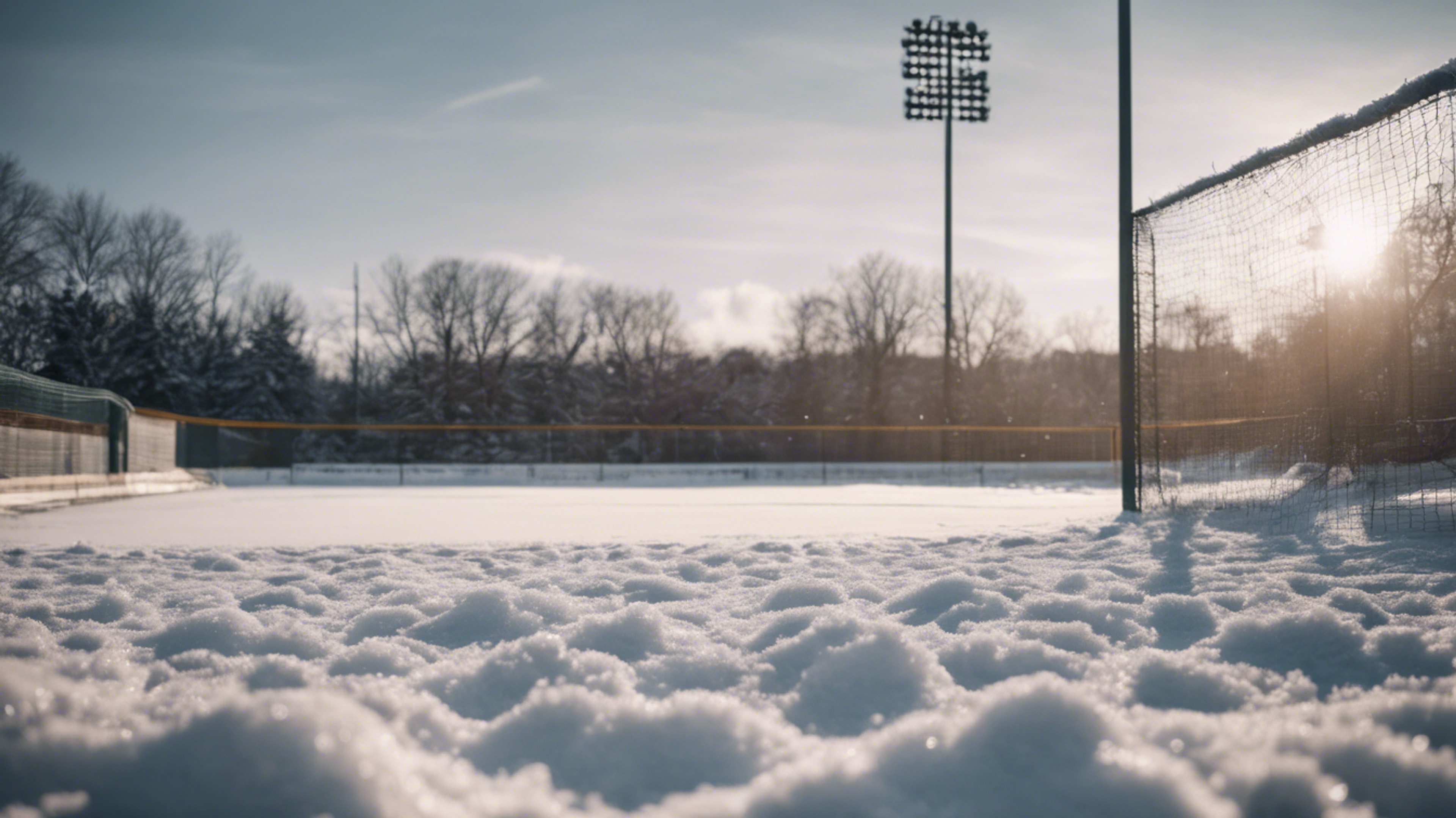 A baseball field covered in a thin layer of snow during off-season. טפט[abf98c57f7b048239f2f]