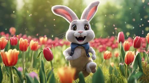 Un animado conejo de dibujos animados saltando en el prado primaveral lleno de tulipanes.
