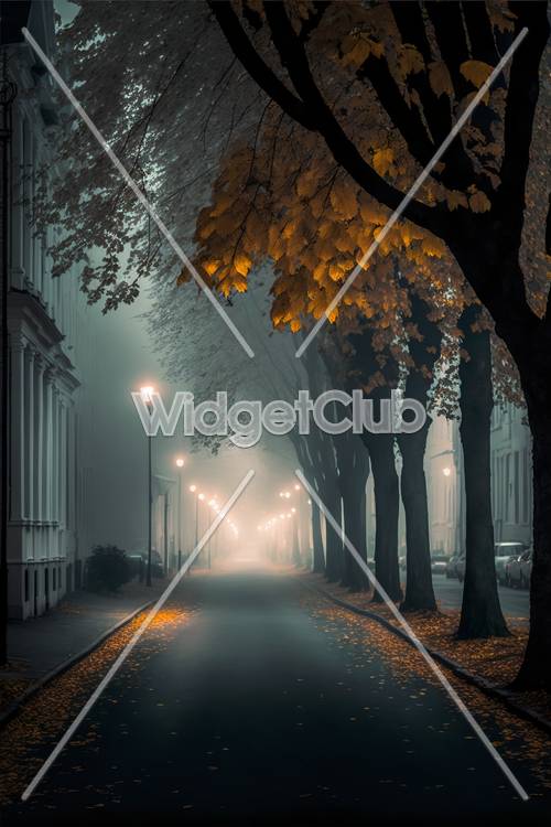 Ağaçlarla çevrili bir sokakta sisli bir sonbahar akşamı