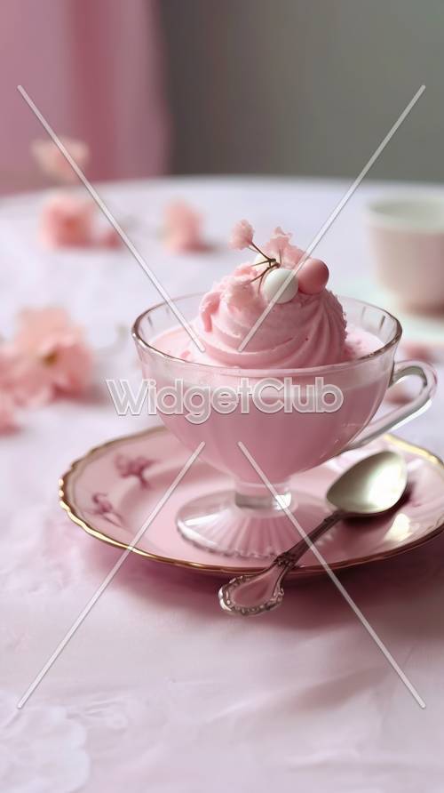 Sobremesa linda rosa em um copo de vidro