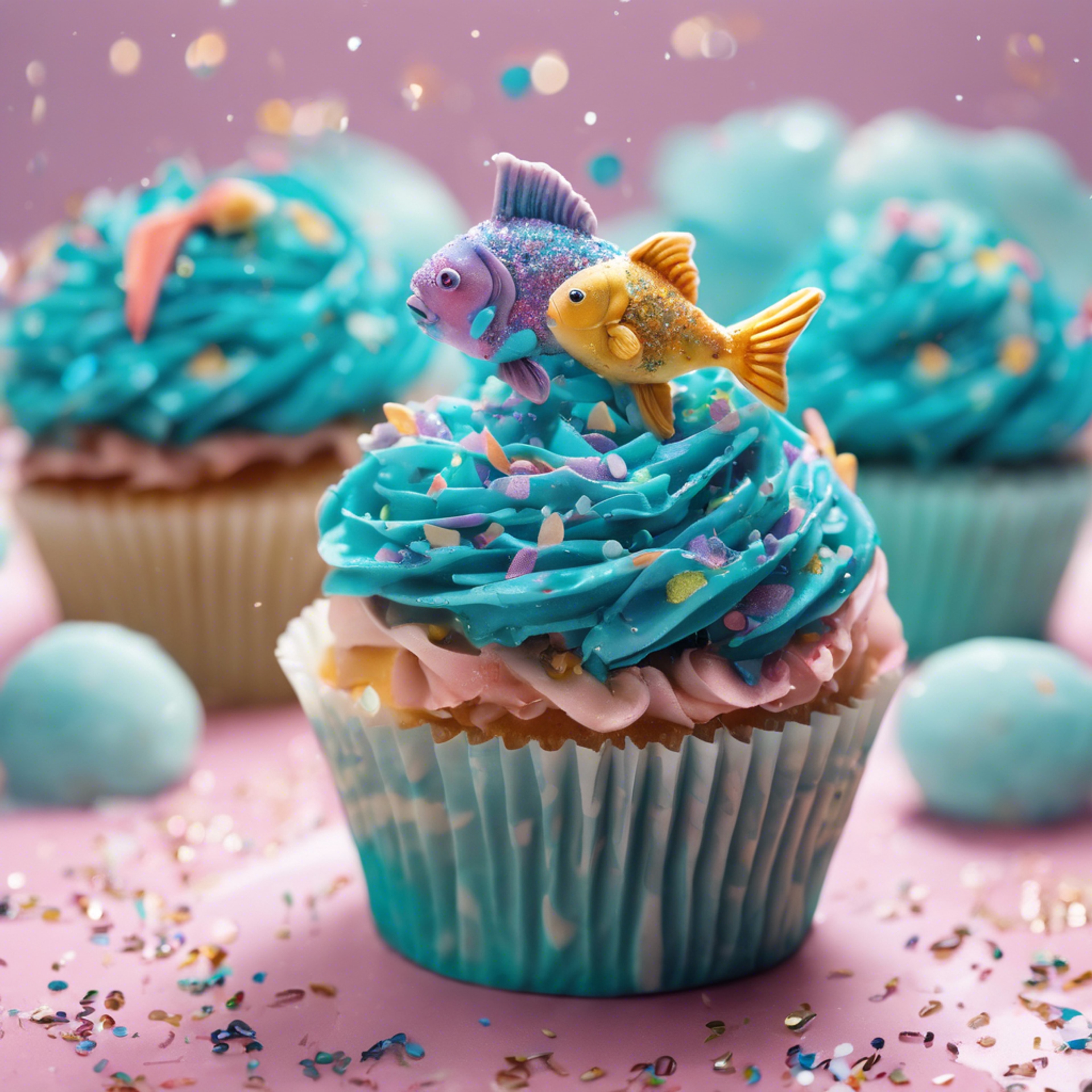 A whimsical Pisces-themed cupcake, with decorative icing representing two cute fish swimming in a sea of sprinkles. 벽지[694d5145c111483cb550]