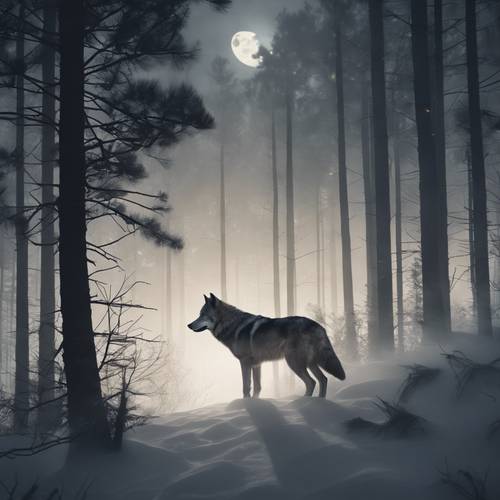 一头孤狼在满月的幽灵般光芒下徘徊在雾气弥漫的松树林中。