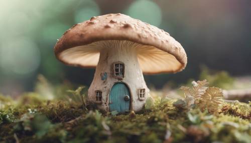 A soft pastel colored mushroom with a quaint, miniature rustic cottage resting underneath its wide cap.