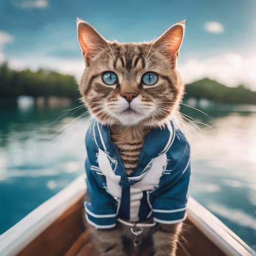 Uroczy kot w stroju jachtu, żeglujący małą łódką po spokojnym, błękitnym jeziorze.