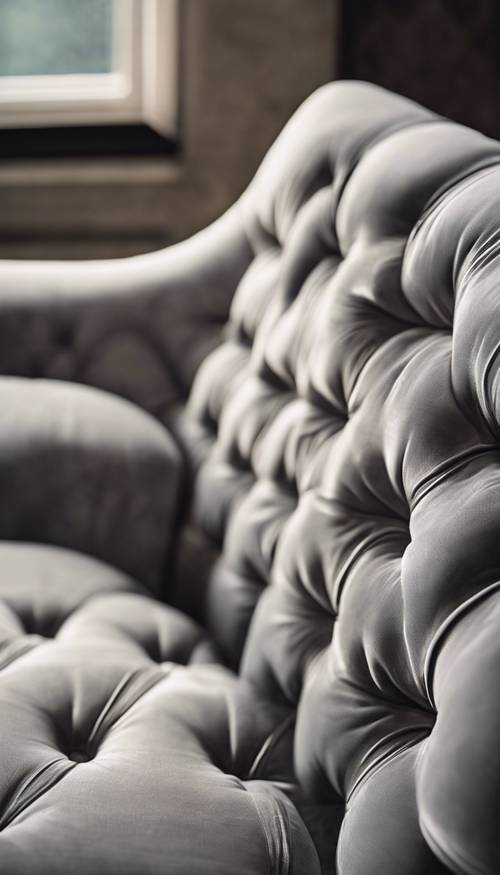 Natura morta dettagliata di un divano trapuntato grigio chiaro strutturato.