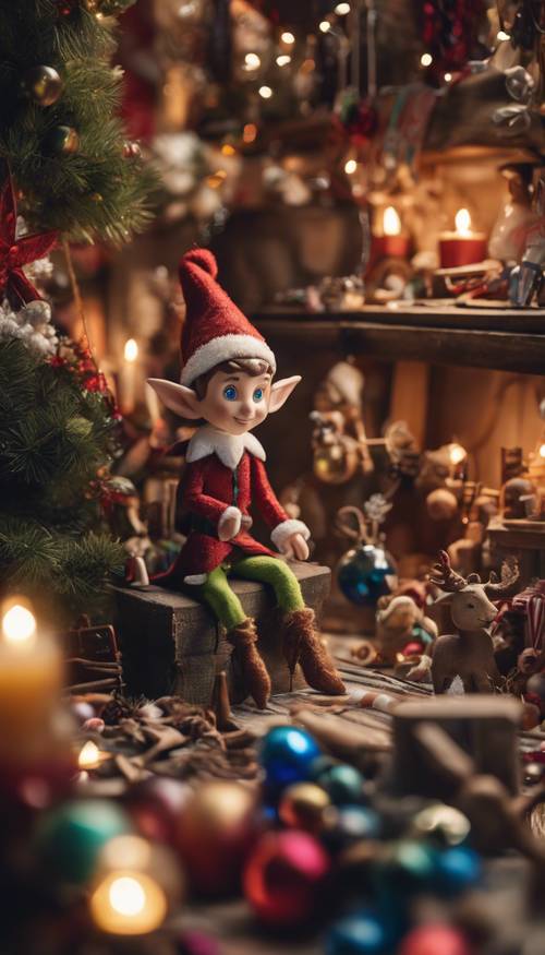 An elf workshop filled with vibrant toys and gleaming Christmas decorations.